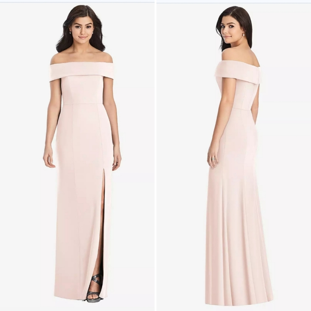 Dessy Collection Off-the-Shoulder Blush Pink Bridesmaid Gown